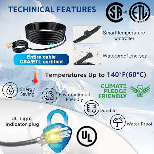 10 Feet Heat Tape for Water Pipes Pipe Freeze Protect Heating Cable Keeps Water Flowing at -40°F with 3ft Lighted Plug - style: 10 Feet
