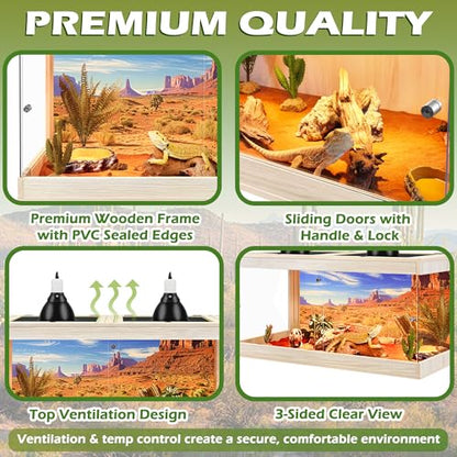 Royxen Bearded Dragon Tank, 64 Gallons Tempered Glass Reptile Terrarium with Metal Mesh Top, 3-Side Clear Anti-Scratch Glass Lizard Tank for Reptile Habitat (Oak, 40" Length) - color: Oak, size: 64Gal,40x20x20inch