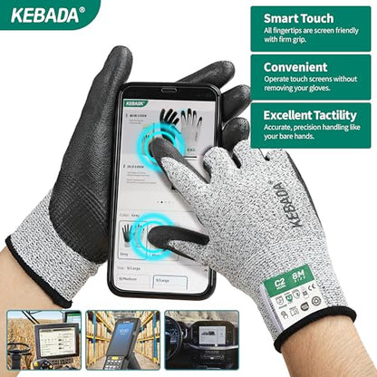 Kebada Cut Resistant Gloves, ANSI A2 Cutting Glove, PU Coated, Touchscreen, Multi-Purpose Model C2, 1 Pair, Small - color: Grey, size: 7/Small