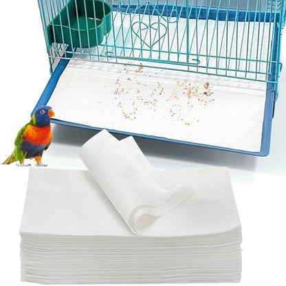 Okllen 200 Pcs Bird Cage Liners, 11x20 Inch Disposable Cage Paper Liners Pad Absorbent Non-Woven Tray Liners for Parrot Parakeet Finch Canary Pet Bird, White
