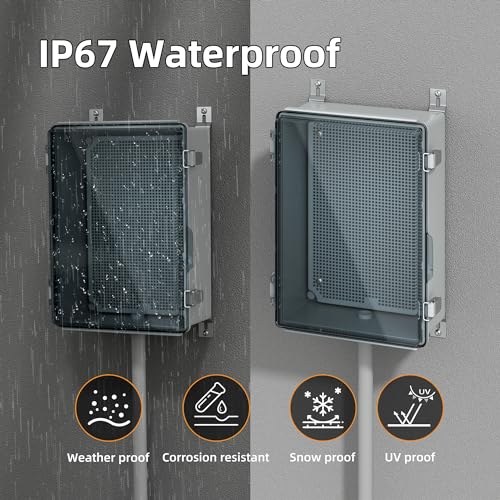Joinfworld Lockable Outdoor Weatherproof Electrical Box for Electronics Outside 11.4x7.5x5.5 Weather Proof Electrical Box Plastic Nema 4 Enclosure Clear | Stainless Weatherproof ABS Box, DIN Rail, Grid Plate, 2 NPT1/2 Glands, Easy Install for Marine, Sola