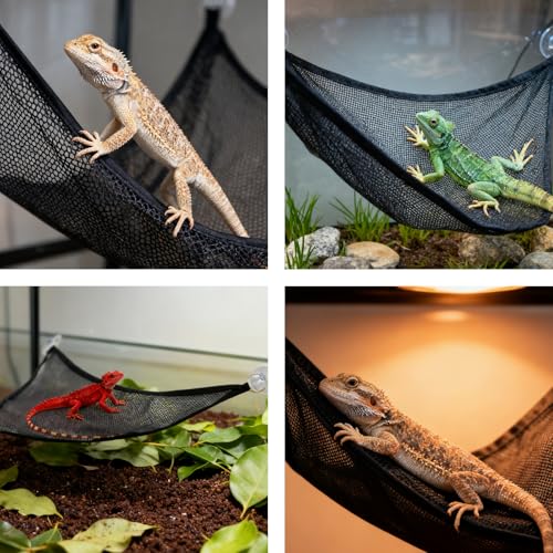 Bearded Dragon Hammock, 2 Sets Breathable Reptile Mesh Hammock with Suction Cups, Reptile Accessories Hideout for Iguanas, Lizards, Geckos, Snakes, Chameleons (Black)