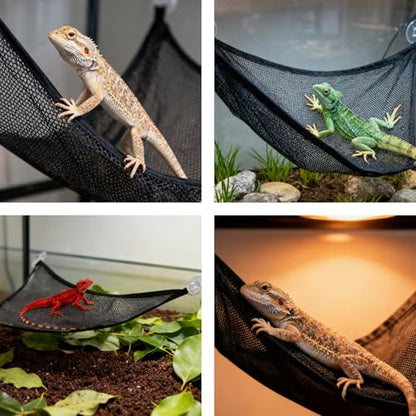 Bearded Dragon Hammock, 2 Sets Breathable Reptile Mesh Hammock with Suction Cups, Reptile Accessories Hideout for Iguanas, Lizards, Geckos, Snakes, Chameleons (Black)