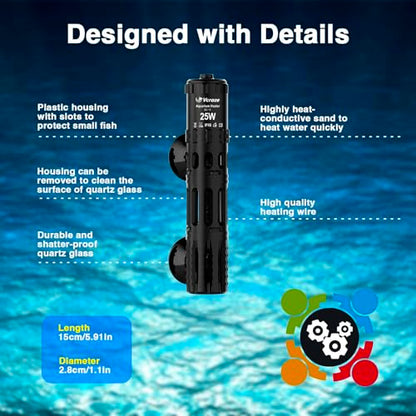 Aquarium Heater 25W, Submersible Fish Tank Heater with LED Digital Display, Auto Power-Off When Leaving Water & High Temp Protection, for Fresh and Salt Water Tanks 3-5 Gal - size: For Tanks 3-5 Gal