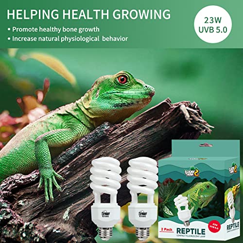 LUCKY HERP 2 Pack UVA UVB Reptile Light, 23W 5.0 UVB Bulb for Tropical and Sub Tropical Reptiles, Compact Fluorescent Terrarium Lamp, Reptile UVB Bulb for Chameleons, Lizard, Turtle - size: 23&5.0