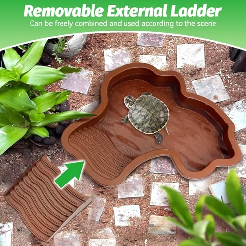 PINVNBY Large Reptile Bathing Pool Tortoise Water Dish with Removable Ramp and Leaf Reptile Food Dish & Water Bowl Tortoise Habitat Accessories for Turtle Lizard Gecko Snake (Red)
