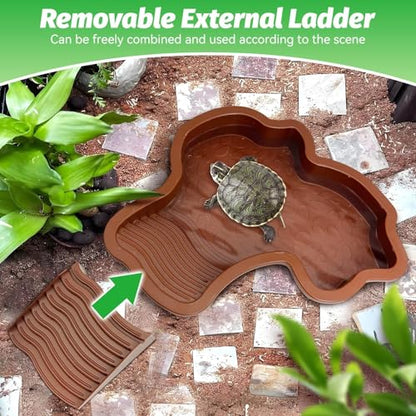 PINVNBY Large Reptile Bathing Pool Tortoise Water Dish with Removable Ramp and Leaf Reptile Food Dish & Water Bowl Tortoise Habitat Accessories for Turtle Lizard Gecko Snake (Red)
