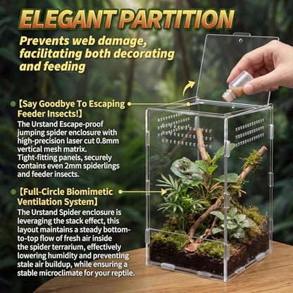 Hushee 2 Pcs Acrylic Jumping Spider Enclosure, 360° Clear Ventilated Reptile Terrarium View, Easy Assembly Secure Pet Habitat, Perfect for Mantis, Frog, Tarantula, Gecko and Small Reptiles