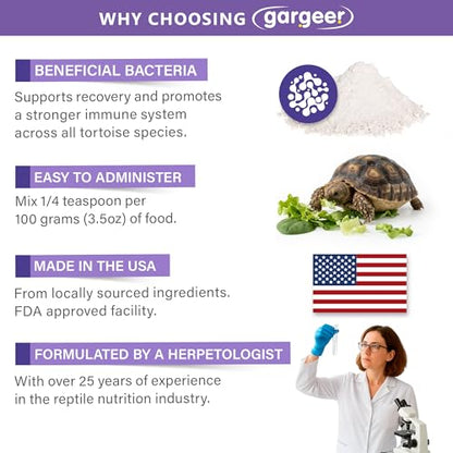 Gargeer Bounce Back Tortoise Immune & Recovery Support Powder Supplement 3oz, Electrolytes, Vitamin C & Immune Support for Sulcata, Red Foot & All Tortoise Species. Made in the USA. Enjoy!