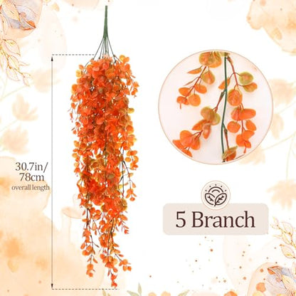 6 Pack Artificial Hanging Plants 21.65 Inch Fake Hanging Eucalyptus Plants Faux UV Resistant Plastic Vine Greenery for Indoor Outdoor Bedroom Living Room Wall Patio Porch Shelf Decor (Orange)