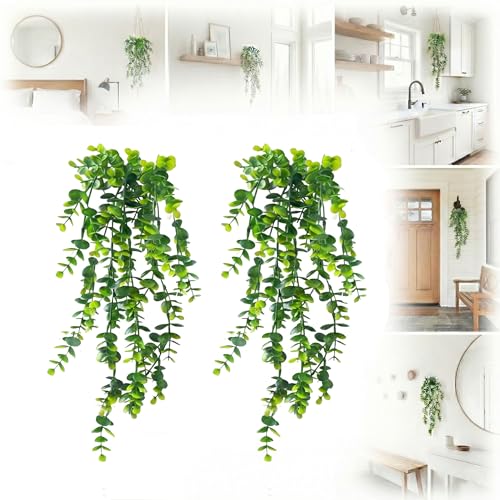 2 Pack Fake Hanging Plants, Artificial Potted Plants for Indoor Outdoor Decor - Realistic Faux Eucalyptus Vines in Pots for Boho Bathroom, Bedroom, Shelf, Porch Wall Decor, UV Resistant Greenery - color: 2 Pcs