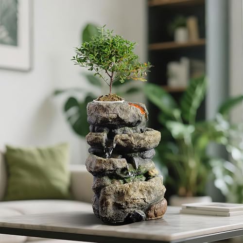 Kalona Tabletop Waterfall Fountain Rockery Fountains Soothing Sound Tabletop Fountains Home/Office Decor with a Small Plastic Pot to Grow The Plant by Yourself(Automatic Watering)(22020) - color: Grayish-brown