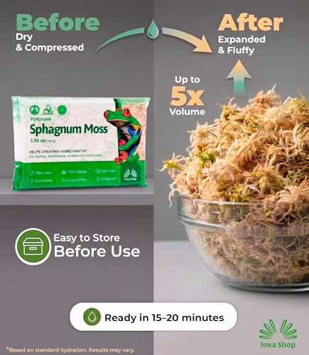 Sphagnum Moss for Reptiles Dried Long Fiber Natural Peruvian Bedding Terrarium Substrate Humid Hide Leopard Gecko Snake Frog Tortoise Turtle Tarantula Amphibian Vivarium Bioactive Enclosure 3.5 oz