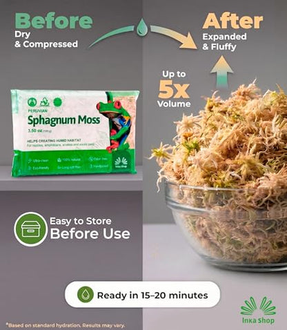 Sphagnum Moss for Reptiles Dried Long Fiber Natural Peruvian Bedding Terrarium Substrate Humid Hide Leopard Gecko Snake Frog Tortoise Turtle Tarantula Amphibian Vivarium Bioactive Enclosure 3.5 oz