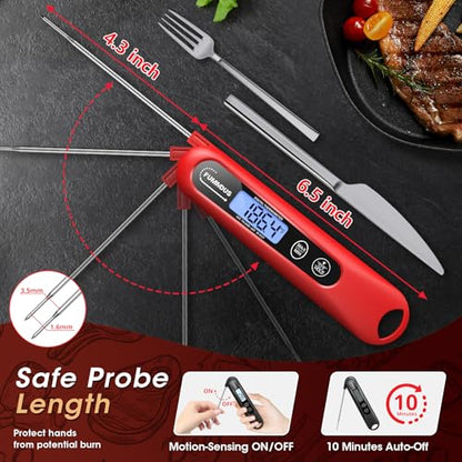 Digital Meat Thermometer - 2S Instant Read Food Thermometer with Backlight, Foldable Probe for Turkey BBQ Grill Smoker Candy, Essential Kitchen Cooking Gadget (Red) - color: Red
