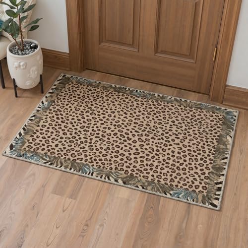 Bavni 2x3 Doormat, Leopard Print Machine Washable,Soft Animal Small Boho Rugs Non Slip Low Pile Non-Shedding Throw Indoor Print Woodland Jungle Carpet for Entryway Front Door Bathroom, Dusty Beige - color: Dusty Beige, size: 2'x3'