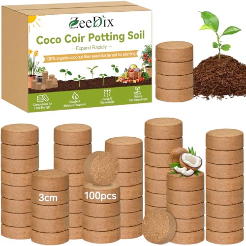 ZeeDix 100 Pack 30mm Organic Coco Coir Pellets Seed Starter Soil | Low EC, pH Balance, Potting Soil Mix, Indoor Outdoor Plants, Herbs Houseplants Bonsai Vegetables Flowers - color: 100 Pack, size: 30mm