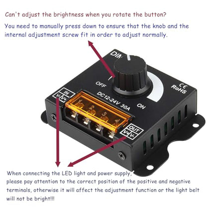 SUPERNIGHT LED Light Strip Dimmer, DC12V-24V 30A PWM Dimming Controller for Dimmer Knob Adjust Brightness ON/Off Switch with Aluminum Housing