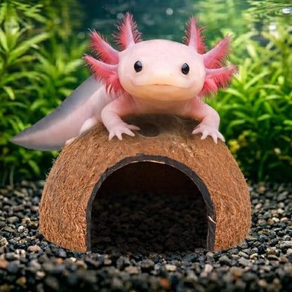 JOR Axolotl Cave, Coconut Shell Hideout and Resting Tunnel, Shelter for Pleco, Crabs, Fish, Turtles, Geckos, Tank Décor, 5” x 3”, 1 Pc Per Pack