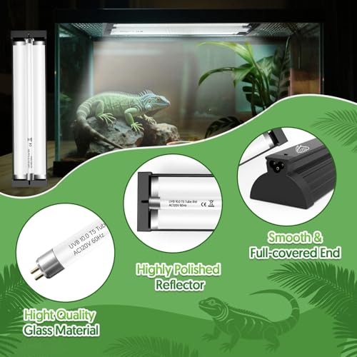 QZQ T5 UVB Reptile Light Fixture Combo Kit 8W, 10.0 UVB Light for Reptiles, Terrarium Hood Comes with Desert UVB Lamp for Bearded Dragon, Gecko, Tortoise, Lizard - size: 8W-10.0-12.4IN