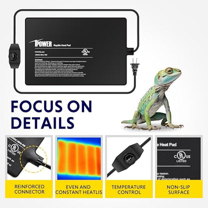 iPower 8x12 Inch Reptile Heating Pad, Under Tank Heater Warmer Heat Mat with Temperature Adjustable Controller Knob for Turtles, Lizards, Snakes - color: Black/Heat Pad with Adjust Knob, size: 8" x 12"