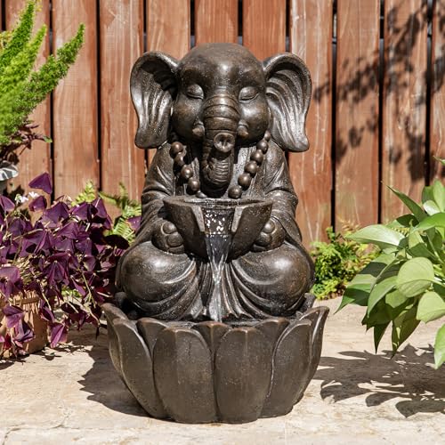 Glitzhome Outdoor Fountains, Water Fountains Outdoor with Lights&Pump, 21.75" H 2-Tiered Zen-Style Bronze Polyresin Elephant Garden Fountain Floor Standing Waterfall for Patio, Porch, or Yard Decor - color: Bronze Elephant, size: 22"H