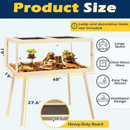 PROLEE Bearded Dragon Tank with Leg, 80 Gallon Tempered Glass Lizard Tank, Reptile Enclosure with Metal Mesh and Lockable Door, Reptile Tank for Snakes,Chameleon (Oak, 48x19x19 Inch)