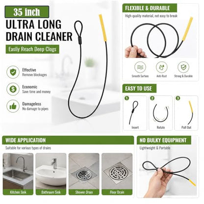 Drain Snake Hair Drain Clog Remover 35 Inch, 5PCS Reusable Sink Snake Drain Hair Remover Tool, Anti-Break Metal Plumbing Snake Drain Cleaner for Shower, Bathtub,Kitchen Sink