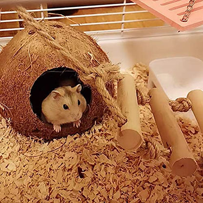 Bird Hides Coconut Nest with Wood Ladder,Syrian Hamster Cage Hanging Natural Coco Shell Hut Hide Toy with Wooden Bridge,Hollow Hideaway Toys for Small Animal Rat Lovebird Finches - size: 1PCS 22.04x13.38in