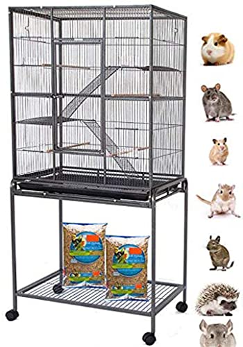 64" Extra Large Wrought Iron Chew Proof 4-Levels Ferret Chinchilla Sugar Glider Mice Rat Mouse Hamster Cage Narrow 1/2-Inch Bar Spacing Easy Clean Pull Out Tray with Detachable Rolling Stand - color: Black Vein, size: 32"L x 19"W x 64"H With 1/2" Spacing