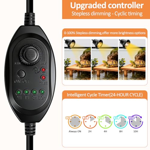 Reptile Heat Lamp, Heating Lamp for Reptiles with UVA UVB,2H,4H,8H,10H Cycle Timing&Stepless Dimming Adjustment Basking Light for Turtle, Bearded Dragon, Lizard and More, 2 Bulbs 50W+75W
