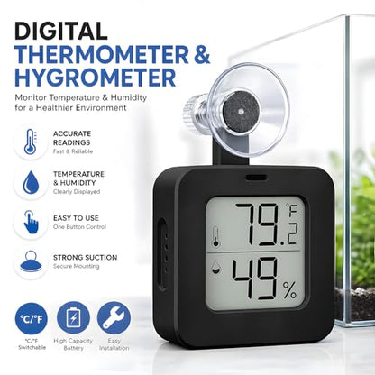 Suction Cup Reptile Thermometer Hygrometer,Large Screen °F/°C Temp&Humidity Gauge for Terrarium Tank Enclosure,Strong Hold,for Gecko,Bearded Dragon,Snake,Tortoise,Hermit Crab,Jumping Spider (1 Black) - color: 1 Black