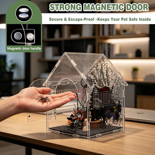 24-in-1 Jumping Spider Enclosure Kit, Acrylic Arboreal Terrarium with Magnetic Door & Feeding Hole, Complete Accessories for Tarantula Mantis Reptile Isopod, 8"x8"x12" (Gothic Style)