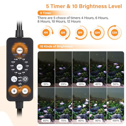 hygger Submersible LED Aquarium Light, 8W 7 in 24/7 Mode Fish Tank Light with 5 Rows Beads, with Timer 9 Colors and Adjustable Brightness, Full Spectrum IP68 Waterproof Light for Fish Tank 8-17 inch - size: 8in 8W
