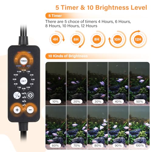 hygger Submersible LED Aquarium Light, 21W 23in 24/7 Mode Fish Tank Light with 5 Rows Beads, with Timer 9 Colors and Adjustable Brightness, Full Spectrum IP68 Waterproof Light for Fish Tank 24-43 inch - size: 23in 21W