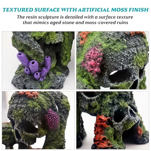 Betta Fish Tank Decorations Hideout - Triple Skull Hiding Cave for Aquarium, Resin Ornament with Artificial Moss Texture and Multiple Entrances for Shrimp, Small Fish - 7.3x4.9x6.1inch