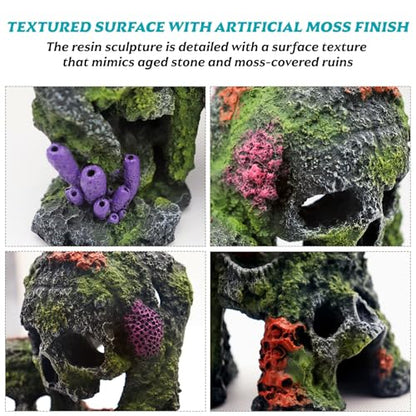 Betta Fish Tank Decorations Hideout - Triple Skull Hiding Cave for Aquarium, Resin Ornament with Artificial Moss Texture and Multiple Entrances for Shrimp, Small Fish - 7.3x4.9x6.1inch