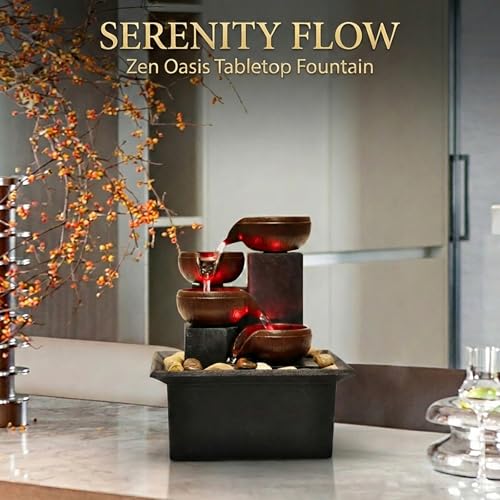 Water Fountains Indoor-Tabletop Water Fountain-Waterfall-Desktop Fountain with Natural River Rocks, Calming Waterfall Sounds for Feng Shui Meditation-Cascading LED Color Lighting