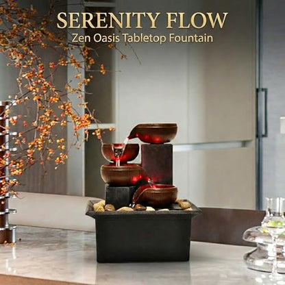 Water Fountains Indoor-Tabletop Water Fountain-Waterfall-Desktop Fountain with Natural River Rocks, Calming Waterfall Sounds for Feng Shui Meditation-Cascading LED Color Lighting