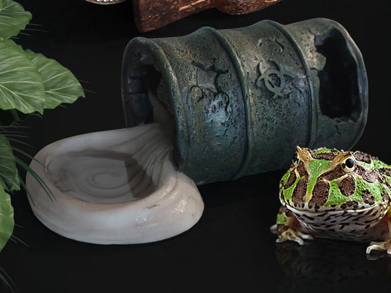 Resin Cave Habitat Hidden for Reptile and Amphibians.Terrarium & Aquarium Decor, Retro Bucket Design. Hide Cave with Dish,Perfect for Bearded Dragons,Lizards,Snakes,Geckos,Tortoises,Small Animals