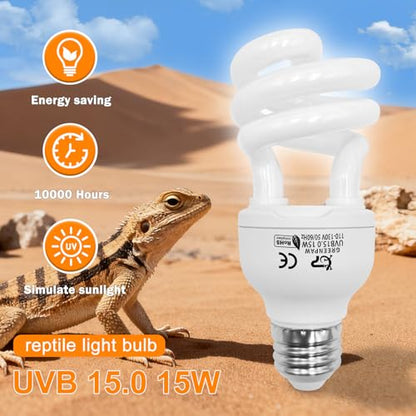 UVB Reptile Light, 15.0 15W UVA UVB Light for Reptiles, Spiral Compact Fluorescent UVB Bulb for Desert Reptiles and Amphibians - size: 5.5 in 15.0