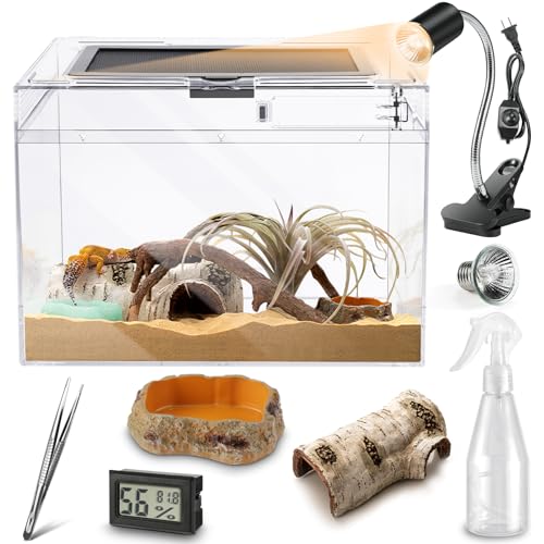 HELIME Reptile Polycarbonate Terrarium Kit 7 Piece Starter Habitat for Tarantula,Lizards,Frogs,Geckos,or Hermit Crabs,Tank with Escape-Proof Locking Lid,Light,Hygrometer,Hide,Tweezer,Bowl,Sprayer XL - size: XLarge(19.5x9.4x10.5IN)