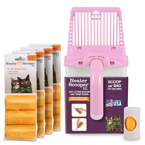 Neater Pet Brands Neater Scooper XL Cat Litter Scoop, 195 Refill Bags – Extra-Large Capacity Mess-Free Cat Litter Scooper with Bag for Large & Multiple Cats, Spill-Proof Litter Box Scooper with Holder - color: Pink, size: XL - 195 Bags