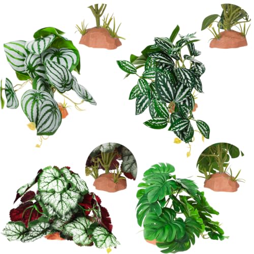 Suncalla 4 Pack Reptile Plants for Terrarium Decor, Snake Tank Accessories, Amphibian Habitat Decor, and Artificial Plants with Base for Bearded Dragon, Gecko, Lizard, Chameleon (Multiple) - style: Multiple