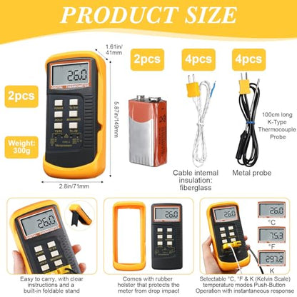 2 Pcs Thermocouple Thermometer Digital K Type HVAC Dual Channels Digital Thermometer with 8 Thermocouples Max/min Temperature Measurement, -50~1300°c (-58~2372°f) High Temperature Pyrometer