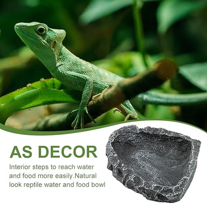 Reptile Water Dish Food Bowl for Bearded Dragon Tank Accessories, 2 Pack Reptile Feeding Dish Corner Bowl with Tweezers and Cleaning Shovel for Lizard Gecko Tortoise Hermit Crab (Black Grey)