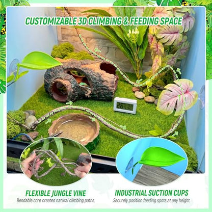 Crested Gecko Tank Accessories Kit，Tree Trunk Hideout, Artificial Plants | Feeding Bowl, Jungle Vines , Resting Leaves Platform , hygrometer thermometer , for Leopard Gecko, Frogs, Hermit Crabs