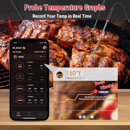 TempPro 650 ft Bluetooth Meat Thermometer with 4 Color-Coded Probes, Wireless Meat Thermometer Digital Wireless with Timer, Utensils Rechargeable for Smoker Oven, Cooking Gift for Dad Him Husband - style: 4 Probes