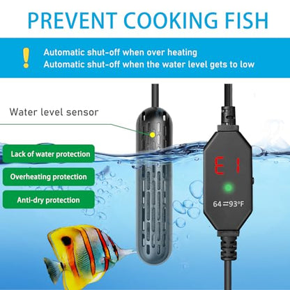 YukiHalu Aquarium Heater 25/50/100/150W with Protective Cover, Mini Fish Tank Heater with External Controller, Temperature Adjustable, Digital Display, Used for 5/10/20/30 Gallons (50W-10Gallon) - size: 50W-10Gallon