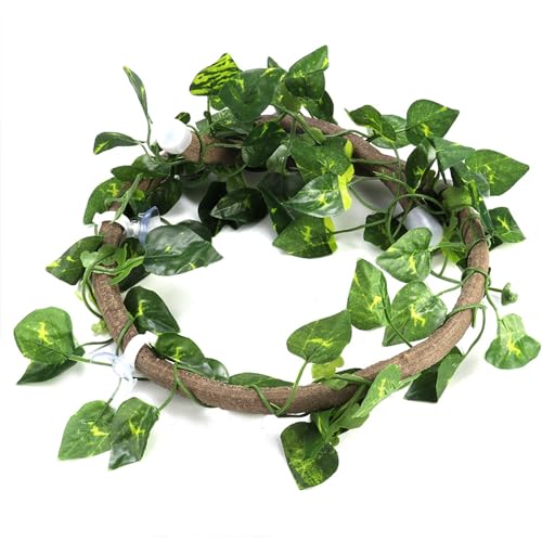 Haofy Reptile Vines for Climbing, 1m Bendable Jungle Vine with Suction Cups, Lifelike Decor for Lizards Tree Frogs Geckos in Terrariums (Rattan + Green Radish Leaves) - size: Rattan + green radish leaves